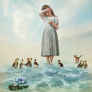 A Girl and Ducks Wading