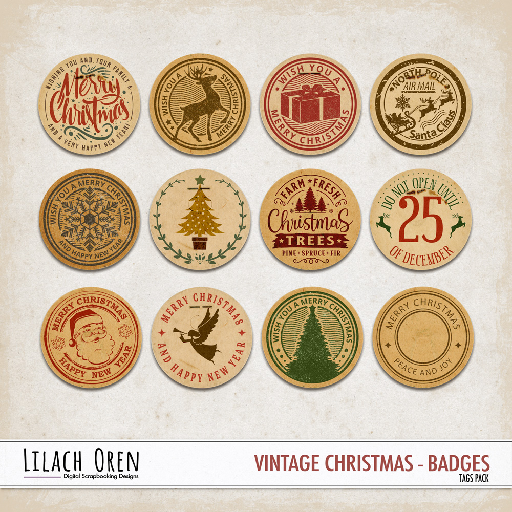 Digital Scrapbook Pack  Vintage Christmas Badges by Lilach Oren