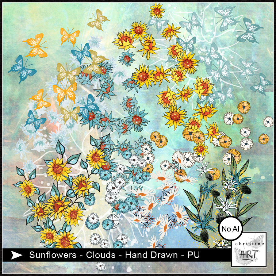Sunflowers Clouds hand drawn by Christine Art 