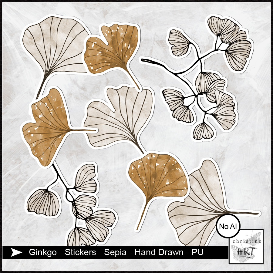 Ginkgo Stickers Sepia hand drawn by Christine Art 