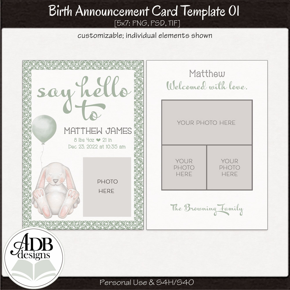 5" by 7" Baby Birth Announcement Postcard Template 01 by ADB Designs