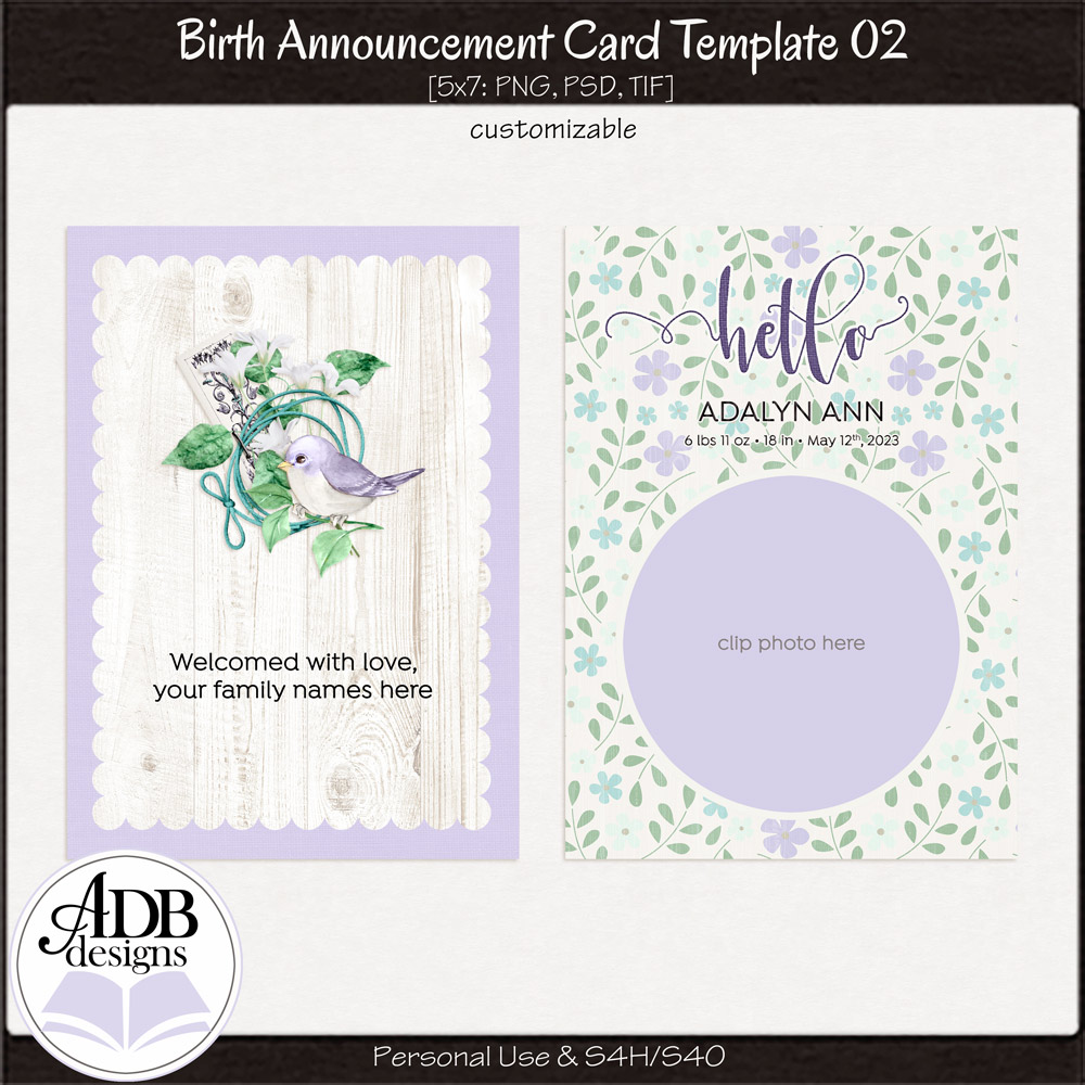 5" by 7" Baby Birth Announcement Postcard Template 02 by ADB Designs