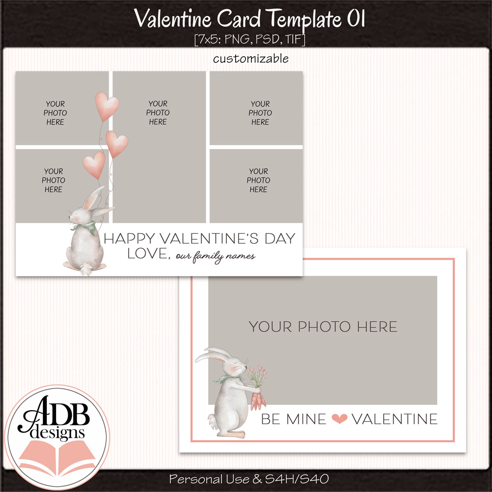 7" by 5" Valentine's Day Postcard Template by ADB Designs