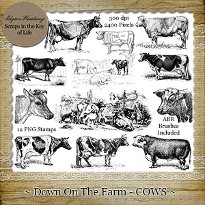 Down On The Farm - COWS - 12 PNG Stamps and ABR Brush Files by Idgie's Heartsong