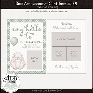 5" by 7" Baby Birth Announcement Postcard Template 01 by ADB Designs